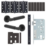 Flores Matt Black Lever on Rose Door Handle Kit - Heavy Duty FD30/60 - DIN Latch - tradefit - 1