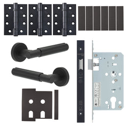 Flores Matt Black Lever on Rose Door Handle Kit - Heavy Duty FD30/60 - DIN Latch - tradefit