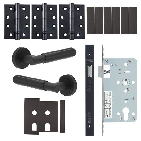 Flores Matt Black Lever on Rose Door Handle Kit - Heavy Duty FD30/60 - DIN Latch - tradefit - Featured Image