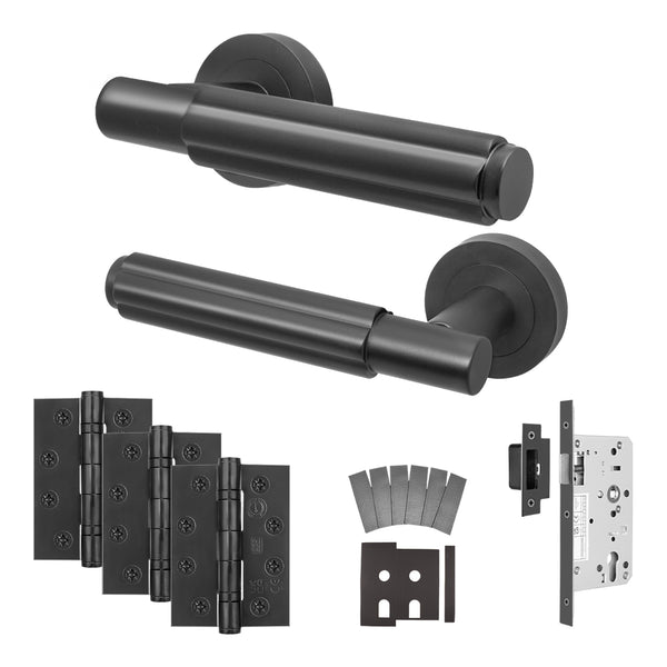 Flores Matt Black Lever on Rose Door Handle Kit - Heavy Duty FD30/60 - DIN Latch - tradefit - Featured Image