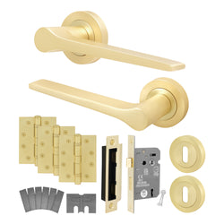 Tapera Satin Brass Lever on Rose Door Handle Kit - Medium Duty FD30/60 - 80mm Sashlock - tradefit