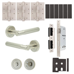 Aurora Satin Nickel Lever on Rose Door Handle Kit - Heavy Duty FD30/60 - DIN Bathroom Lock - tradefit