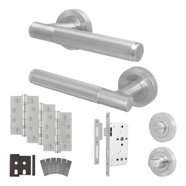 Aurora Satin Nickel Lever on Rose Door Handle Kit - Heavy Duty FD30/60 - DIN Bathroom Lock - tradefit - Featured Image