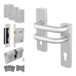 Return to Door Lever on Backplate Stainless Steel Door Handle Kit - Medium Duty FD30/60 - 80mm Euro Sashlock and Double Cylinder - Keyed to Differ - tradefit - 1