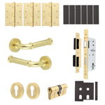 Claro Satin Brass Lever on Rose Door Handle Kit - Heavy Duty FD30/60 - DIN Euro Sashlock and Double Cylinder - Keyed to Differ - tradefit - 1