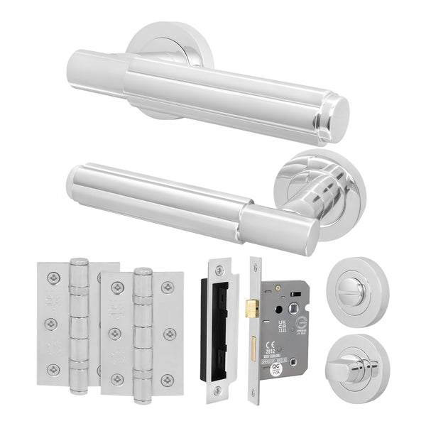 Flores Polished Chrome Lever on Rose Door Handle Kit - 64mm Bathroom Lock - tradefit - Featured Image