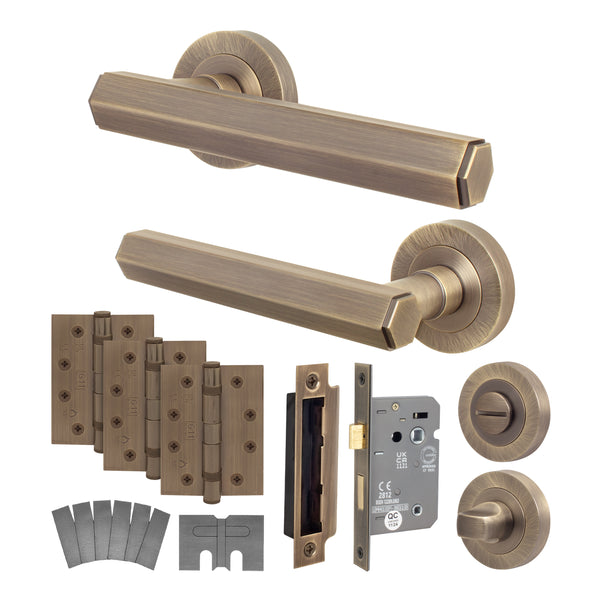 Moreno Antique Brass Lever on Rose Door Handle Kit - Medium Duty FD30/60 - 80mm Bathroom Lock - tradefit - Featured Image