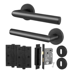 Mitre Lever on Rose Matt Black Door Handle Kit - Medium Duty - 64mm Sashlock - tradefit