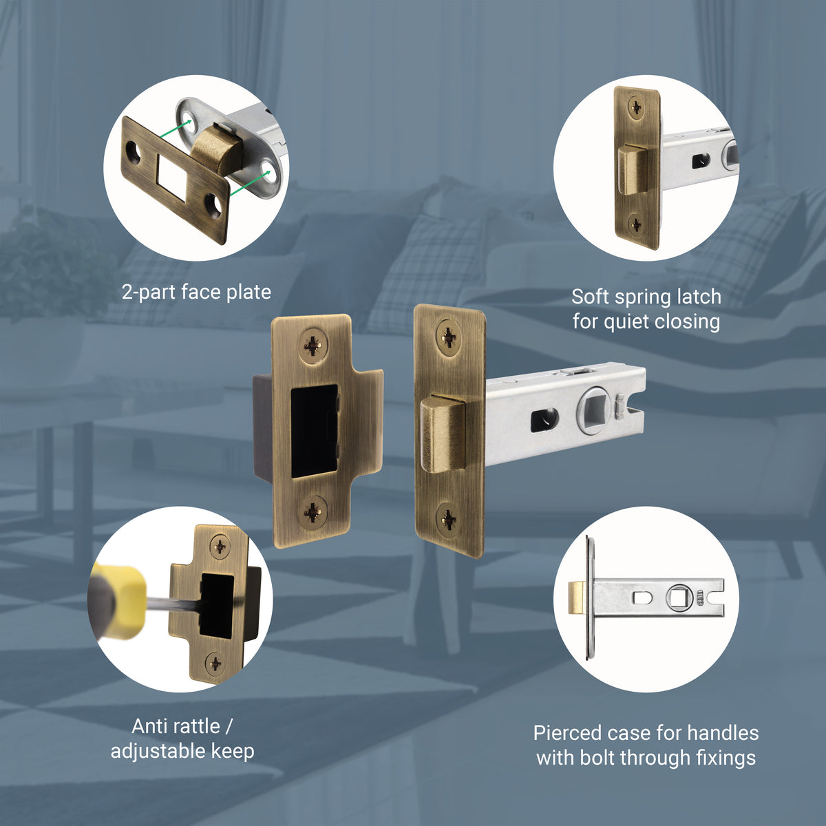 2.5 inch/64mm Tubular Latch Bolt Through - 44mm Backset - Antique Brass - tradefit