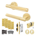 Aurora Satin Brass Lever on Rose Door Handle Kit - Heavy Duty FD30/60 - DIN Euro Sashlock and Double Cylinder - Master Keyed
