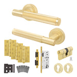 Aurora Satin Brass Lever on Rose Door Handle Kit - Heavy Duty FD30/60 - DIN Euro Sashlock and Double Cylinder - Master Keyed - tradefit - 1