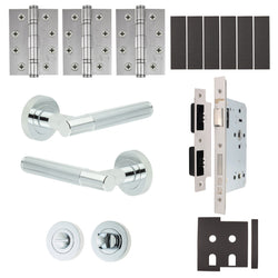 Aurora Polished Chrome Lever on Rose Door Handle Kit - Heavy Duty FD30/60 - DIN Bathroom Lock - tradefit