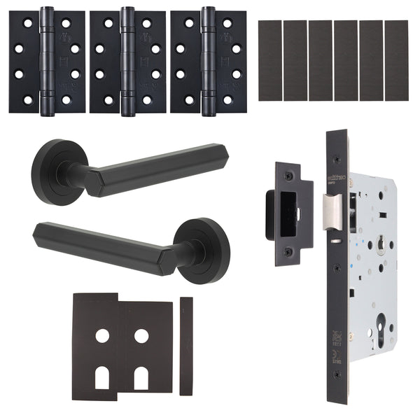 Moreno Matt Black Lever on Rose Door Handle Kit - Heavy Duty FD30/60 - DIN Latch - tradefit - Featured Image