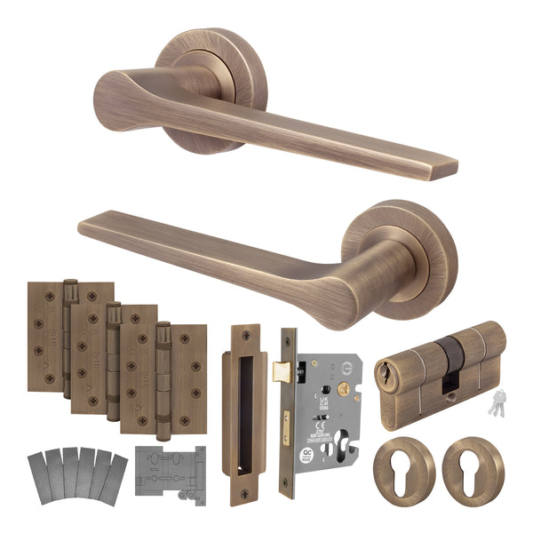 Tapera Antique Brass Lever on Rose Door Handle Kit - Medium Duty FD30/60 - 80mm Euro Sashlock and Double Cylinder - Keyed to Differ - tradefit - Featured Image