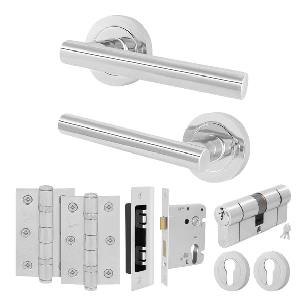 Olbia Polished Chrome Lever on Rose Door Handle Kit - 80mm Euro Sashlock and Double Cylinder - Keyed to Differ - tradefit - Featured Image