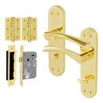 Nola Brass Plated Lever on Backplate Door Handle Pack – 64mm Bathroom Lock - tradefit - 1