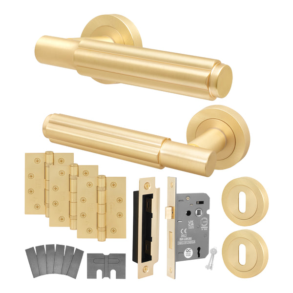 Flores Satin Brass Lever on Rose Door Handle Kit - Medium Duty FD30/60 - 80mm Sashlock - tradefit - Featured Image