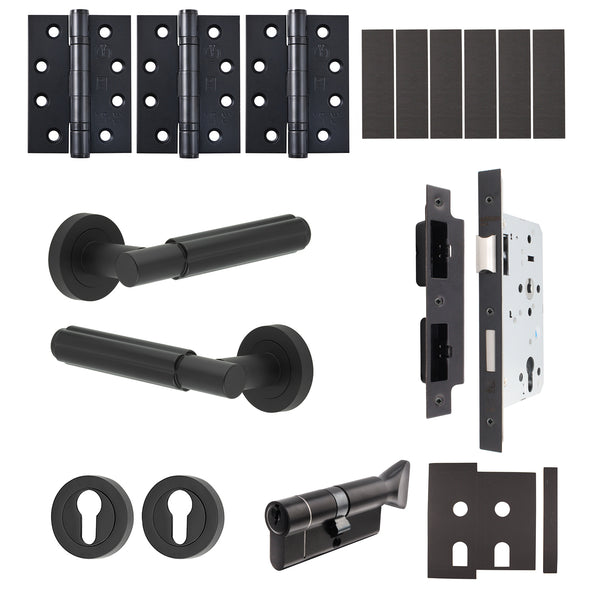 Flores Matt Black Lever on Rose Door Handle Kit - Heavy Duty FD30/60 - DIN Euro Sashlock and Thumbturn Cylinder - Keyed Alike - tradefit - Featured Image