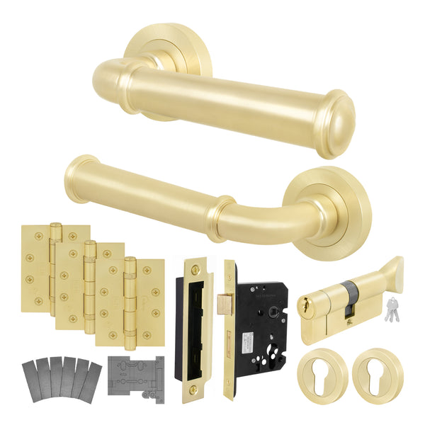 Claro Satin Brass Lever on Rose Door Handle Kit - Medium Duty FD30/60 - 80mm Euro Sashlock and Thumbturn Cylinder - Keyed Alike - tradefit - Featured Image