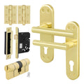 Olbia Satin Brass Lever on Backplate Door Handle Kit - 80mm Euro Sashlock and Double Cylinder - Master Keyed