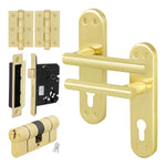 Olbia Satin Brass Lever on Backplate Door Handle Kit - 80mm Euro Sashlock and Double Cylinder - Keyed to Differ - tradefit - 1
