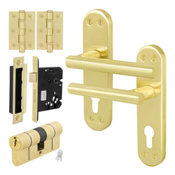 Olbia Satin Brass Lever on Backplate Door Handle Kit - 80mm Euro Sashlock and Double Cylinder - Keyed to Differ - tradefit