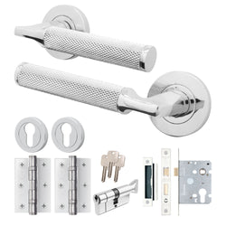 Mode - Grip Polished Chrome Lever on Rose Door Handle Pack - Euro Lock & Thumbturn Cylinder - tradefit