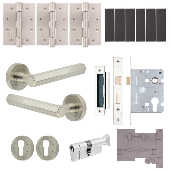 Moreno Satin Nickel Lever on Rose Door Handle Kit - Medium Duty FD30/60 - 80mm Euro Sashlock and Thumbturn Cylinder - Keyed Alike - tradefit - Featured Image
