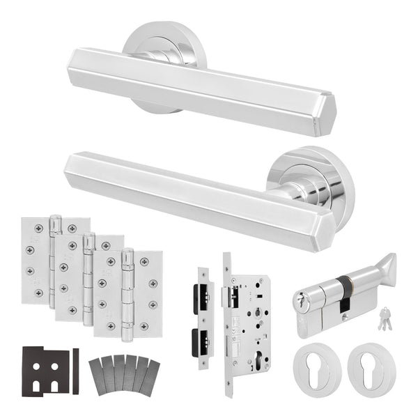 Moreno Polished Chrome Lever on Rose Door Handle Kit - Heavy Duty FD30/60 - DIN Euro Sashlock and Thumbturn Cylinder - Keyed to Differ - tradefit - Featured Image