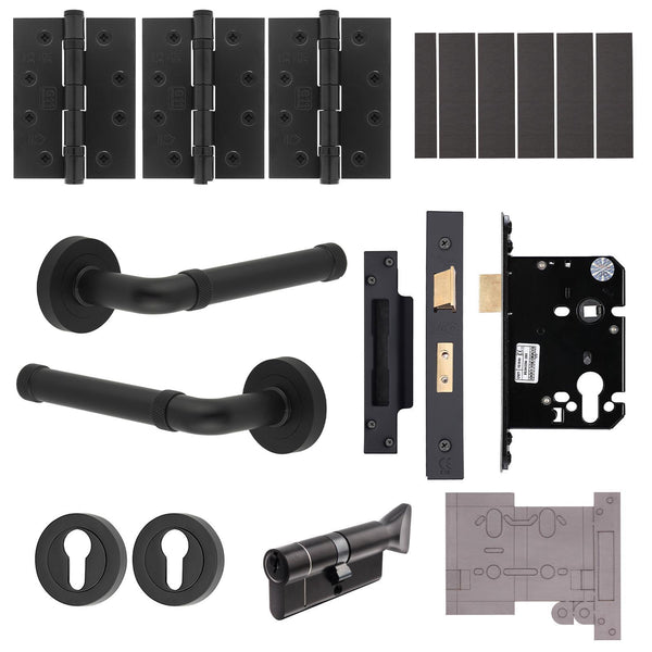 Santana Matt Black Lever on Rose Door Handle Kit - Medium Duty FD30/60 - 80mm Euro Sashlock and Thumbturn Cylinder - Master Keyed - tradefit - Featured Image