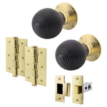 Beehive Ebony/Brass Wooden Mortice/Rim Door Knob Kit - 76mm Latch - tradefit - 1