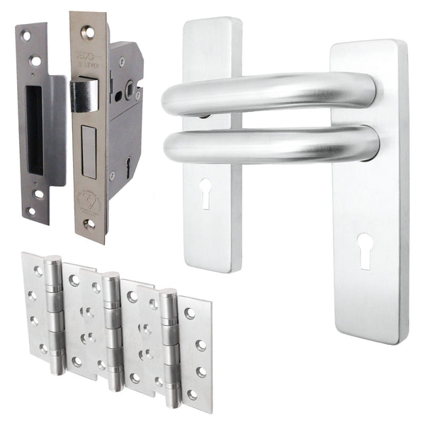 Round Bar 19mm Safety Return To Door 5 Lever Lock Pack - 175 x 44mm - 76mm Lock x 102mm Hinges - Satin Stainless - tradefit - Featured Image