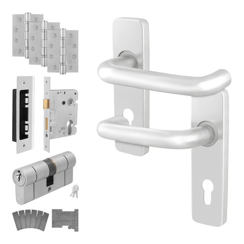 Return to Door Backplate Satin Aluminium Handle Kit - Medium Duty FD30/60 - 80mm Euro Lock and Double Cylinder - Keyed to Differ