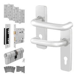 Return to Door Lever on Backplate Satin Aluminium Door Handle Kit - Medium Duty FD30/60 - 80mm Euro Sashlock and Double Cylinder - Master Keyed - tradefit
