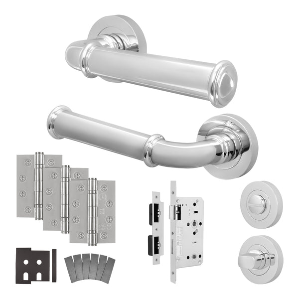 Claro Polished Chrome Lever on Rose Door Handle Kit - Heavy Duty FD30/60 - DIN Bathroom Lock - tradefit - Featured Image