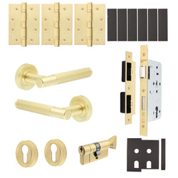 Aurora Satin Brass Lever on Rose Door Handle Kit - Heavy Duty FD30/60 - DIN Euro Sashlock and Thumbturn Cylinder - Keyed Alike - tradefit