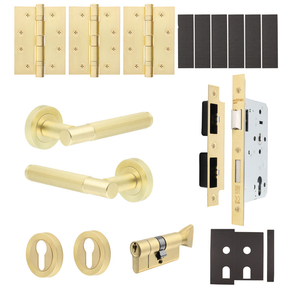Aurora Satin Brass Lever on Rose Door Handle Kit - Heavy Duty FD30/60 - DIN Euro Sashlock and Thumbturn Cylinder - Keyed Alike - tradefit - Featured Image