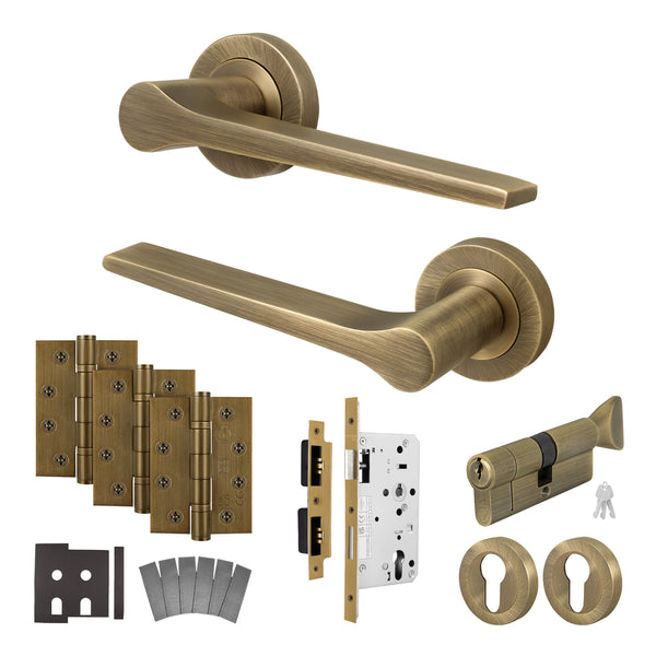Tapera Antique Brass Lever on Rose Door Handle Kit - Heavy Duty FD30/60 - DIN Euro Sashlock and Thumbturn Cylinder - Keyed Alike - tradefit - Featured Image