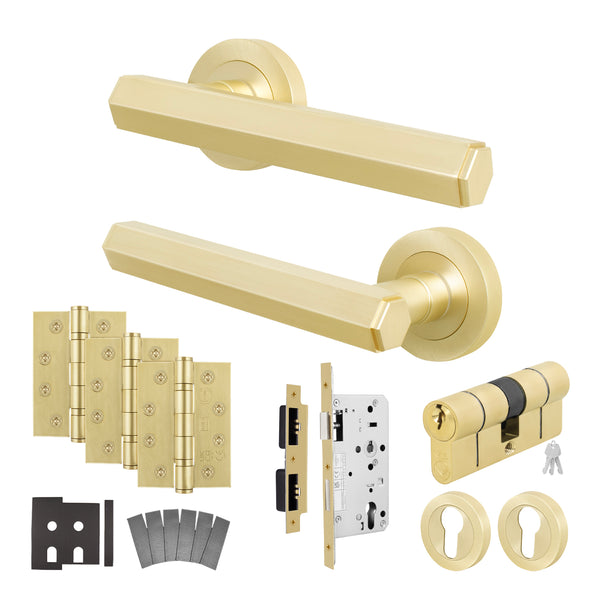 Moreno Satin Brass Lever on Rose Door Handle Kit - Heavy Duty FD30/60 - DIN Euro Sashlock and Double Cylinder - Keyed Alike - tradefit - Featured Image