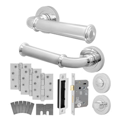 Claro Polished Chrome Lever on Rose Door Handle Kit - Medium Duty FD30/60 - 80mm Bathroom Lock - tradefit