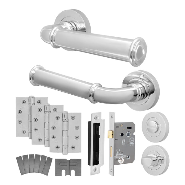 Claro Polished Chrome Lever on Rose Door Handle Kit - Medium Duty FD30/60 - 80mm Bathroom Lock - tradefit - Featured Image