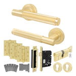 Aurora Satin Brass Lever on Rose Door Handle Kit - Medium Duty FD30/60 - 80mm Euro Sashlock and Thumbturn Cylinder - Keyed Alike - tradefit - 1