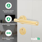 Aurora Satin Brass Lever on Rose Door Handle Kit - Medium Duty FD30/60 - 80mm Euro Sashlock and Thumbturn Cylinder - Keyed to Differ - tradefit - 2