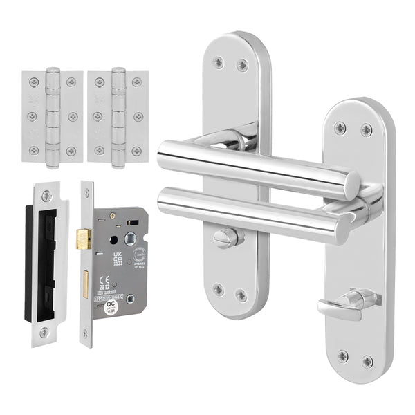 Olbia Polished Chrome Lever on Backplate Door Handle Pack – 80mm Bathroom Lock - tradefit - Featured Image