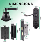 Ashtead Antique Black Iron Door Handle Pack - 80mm Bathroom Lock - 76mm Hinges - tradefit - 3