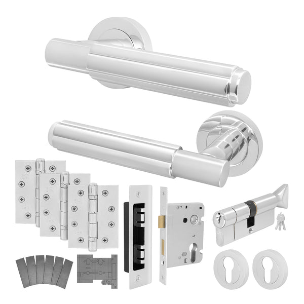 Flores Polished Chrome Lever on Rose Door Handle Kit - Medium Duty FD30/60 - 80mm Euro Sashlock and Thumbturn Cylinder - Keyed to Differ - tradefit - Featured Image