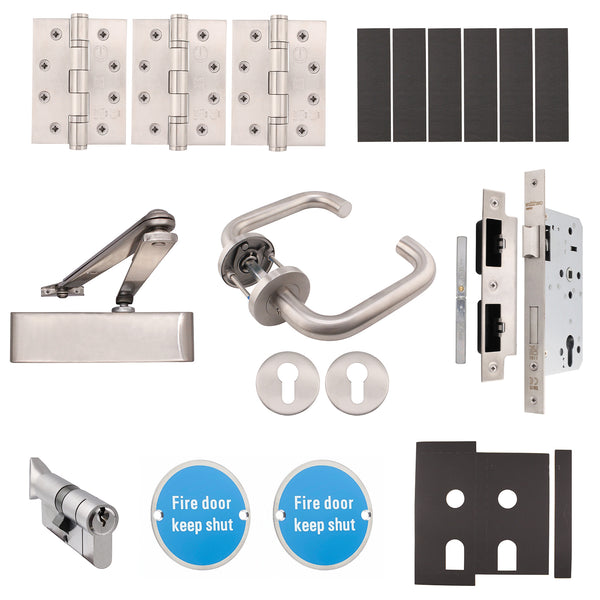 Fire Door Kit - HMO Apartment Entrance Kit - Heavy Duty - Keyed Differ - Satin Stainless Steel - tradefit - Featured Image