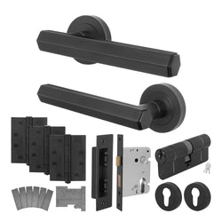 Moreno Matt Black Lever on Rose Door Handle Kit - Medium Duty FD30/60 - 80mm Euro Sashlock and Double Cylinder - Keyed to Differ - tradefit