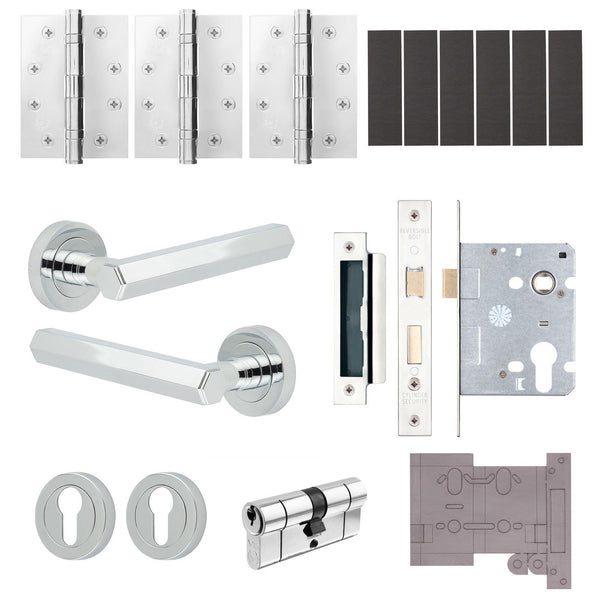 Moreno Polished Chrome Lever on Rose Door Handle Kit - Medium Duty FD30/60 - 80mm Euro Sashlock and Double Cylinder - Keyed Alike - tradefit - Featured Image