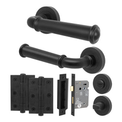 Claro Matt Black Lever on Rose Door Handle Kit - 64mm Bathroom Lock - tradefit